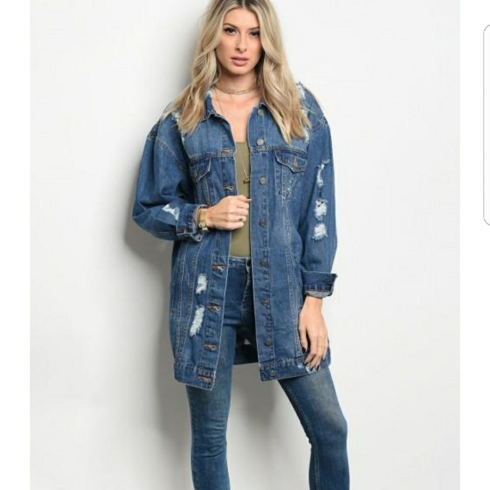Oversized Denim Distressed Jacket - Picture 2 of 4